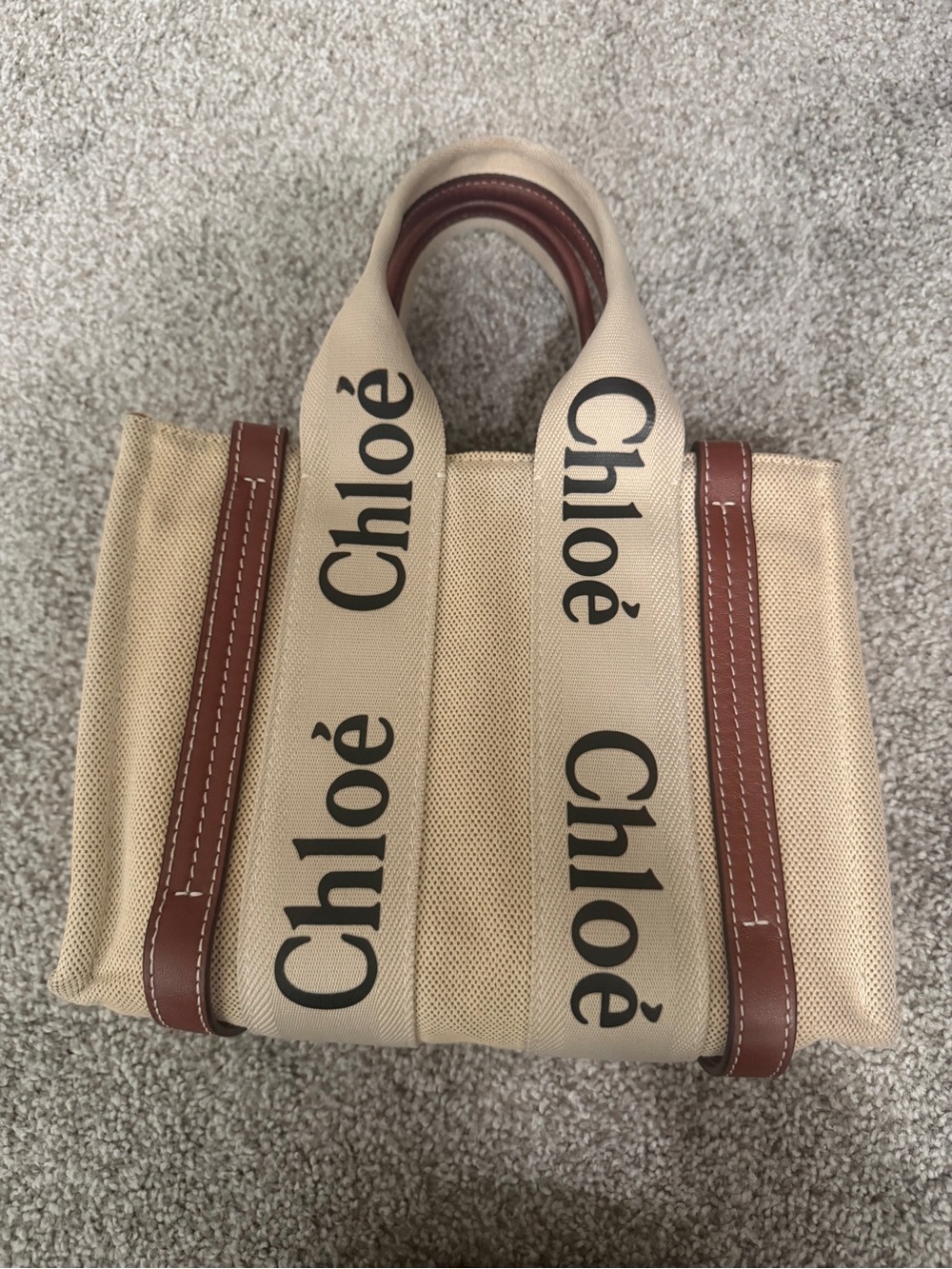 “Pre-loved” Authentic Chloe Small Woody Beige Canvas and Brown Leather Logo Tote